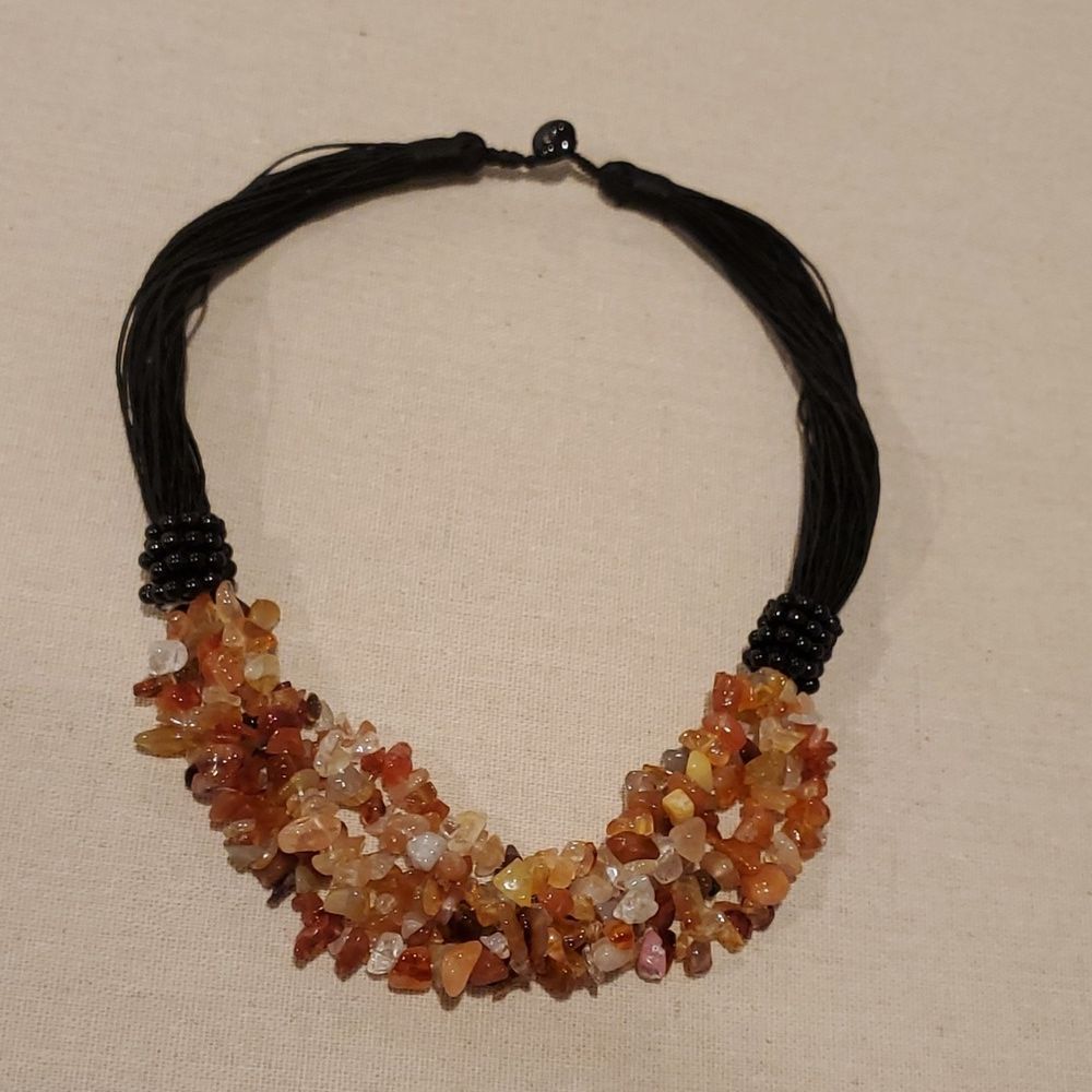 Vintage Multi strand necklace Carnelian twisted torsade Stone chips button clasp
